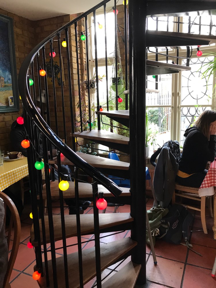 Fairy lights up the spiral staircase