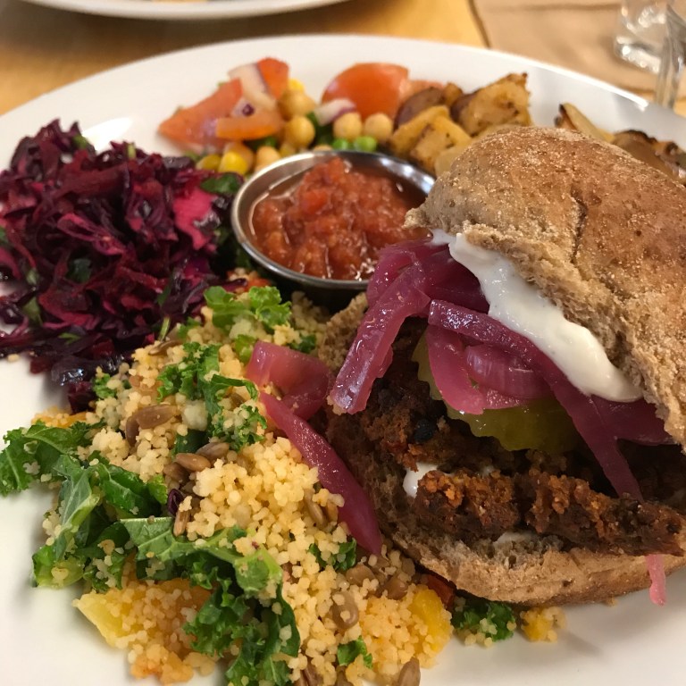 burger of the day with homefries and salad