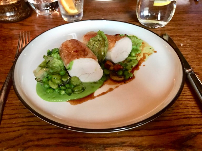 Chicken Smoked Bacon with Grilled lettuce, broad beans and mint oils