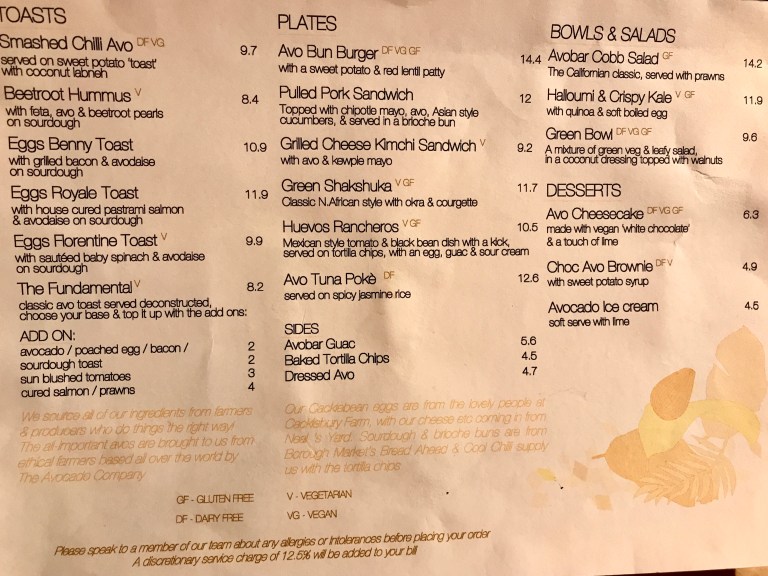Avobar Menu