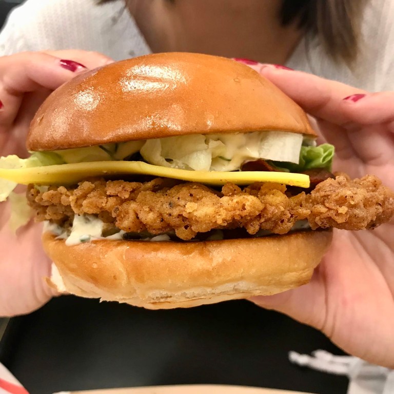Temple Burger - Chick’n Fillet, Ranch Mayo, Bacon, Cheese, Lettuce, Pickles
