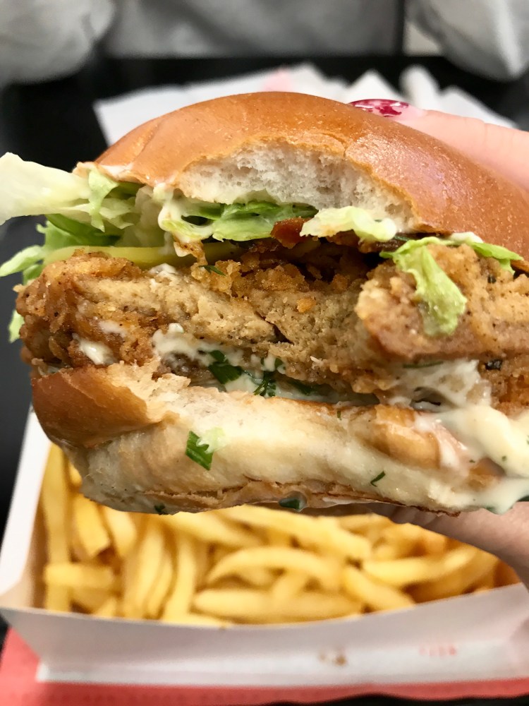 Temple Burger - Chick’n Fillet, Ranch Mayo, Bacon, Cheese, Lettuce, Pickles