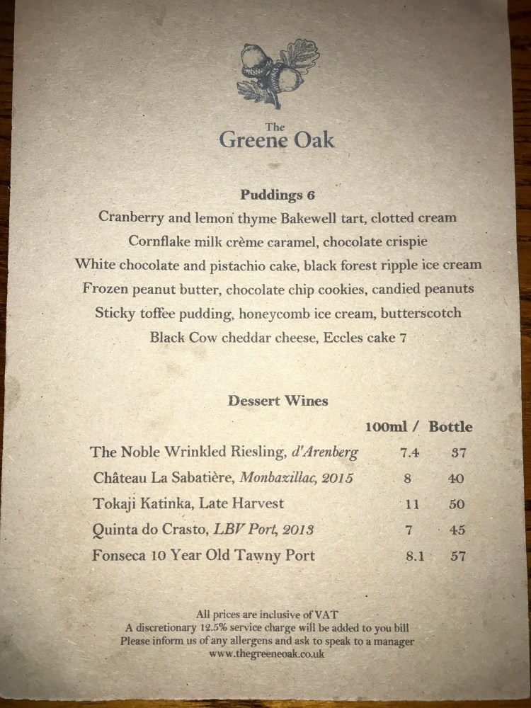 Dessert menu at The Greene Oak, Windsor Berkshire