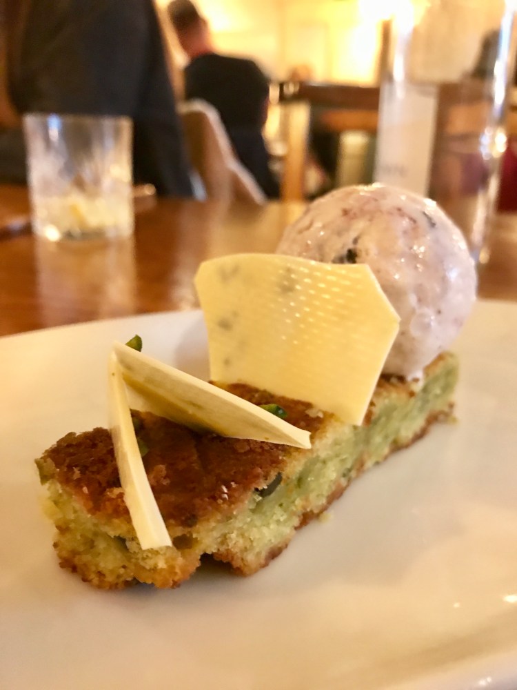 White chocolate and pistachio cake, black forest ripple ice cream