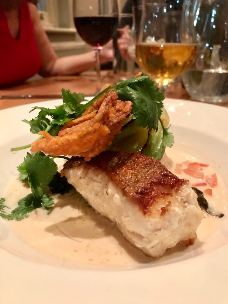 roast cod. Tempura soft shell crab. Bok choi. Rice noodle laksa. Lime. Coriander.