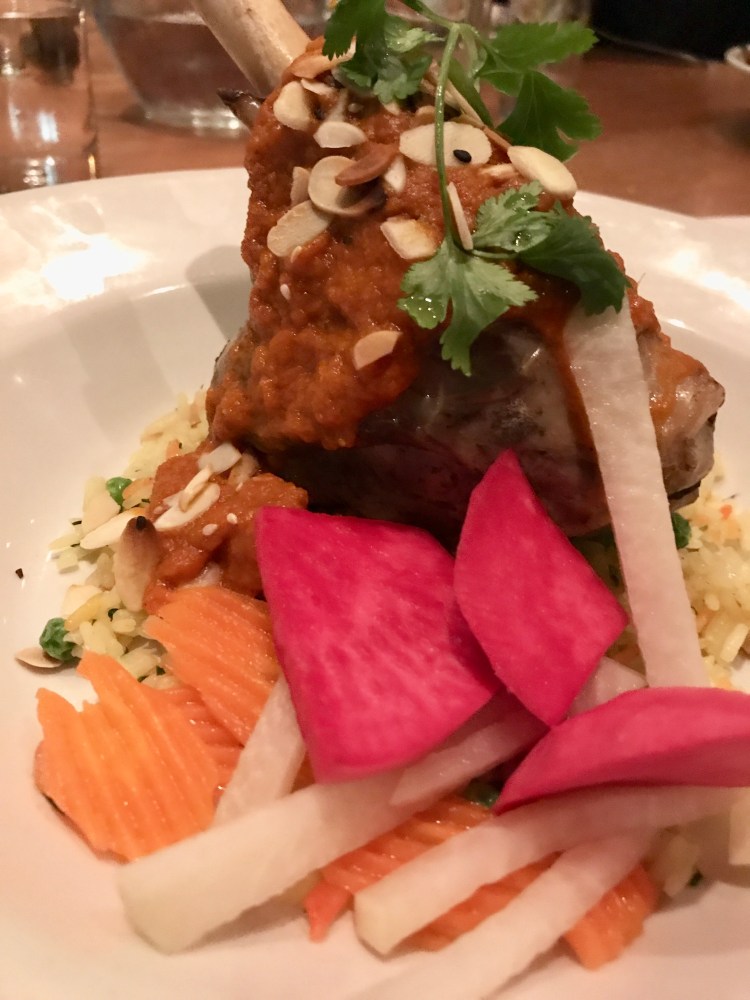 Lebanese braised lamb shank, split peas & lime. Persian basmati, saffron, dill, fava beans.