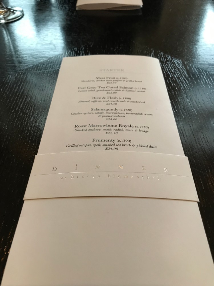 Menu at Dinner by Heston Blumenthal