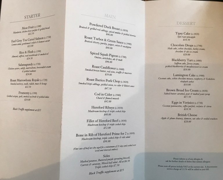 Menu at Dinner by Heston Blumenthal