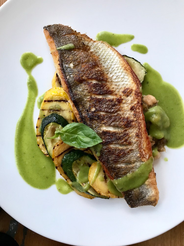 sea bass with aubergine caviar & courgette, basil sauce