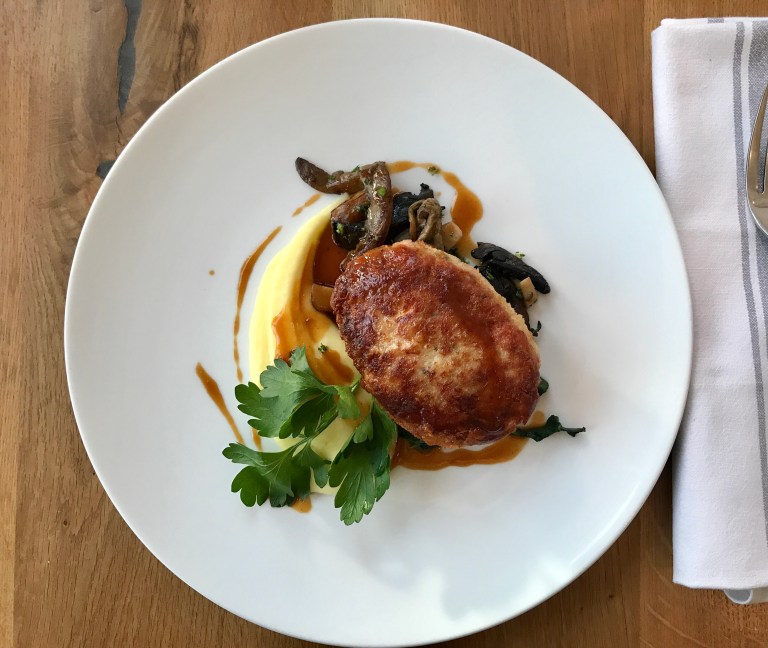 Chicken breast with ham & brie cheese, potato purée, wild mushrooms