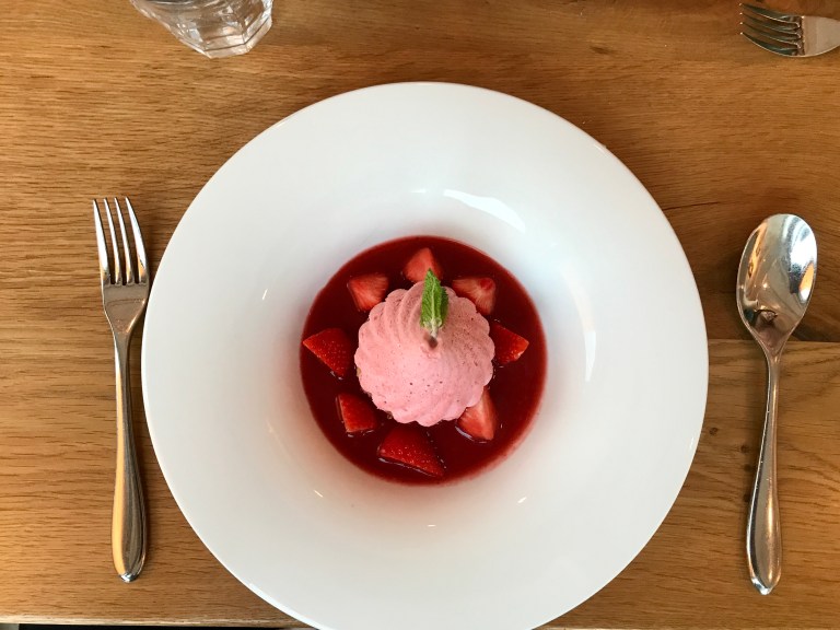 Iced strawberry soufflé with melba sauce