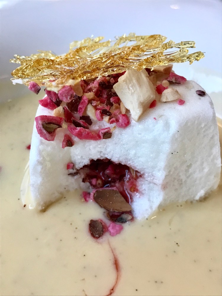 Floating island with pink praline & vanilla custard