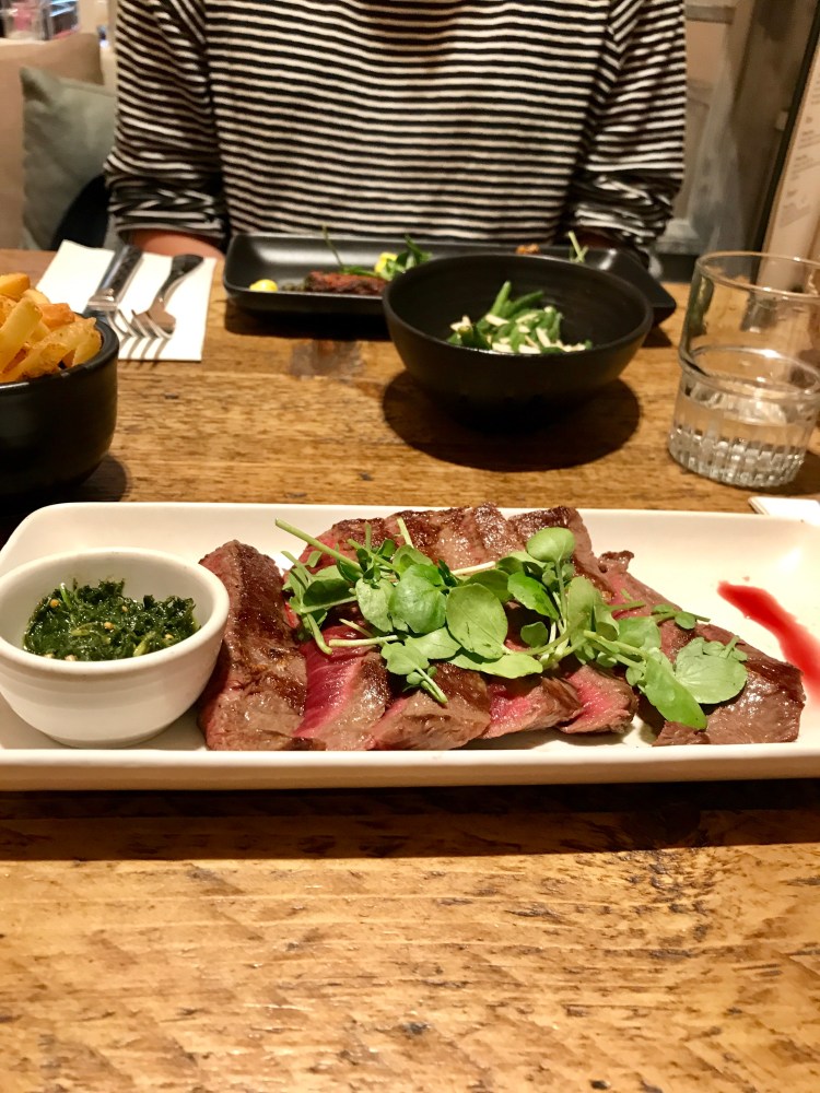 British flat iron steak, mojo verde sauce