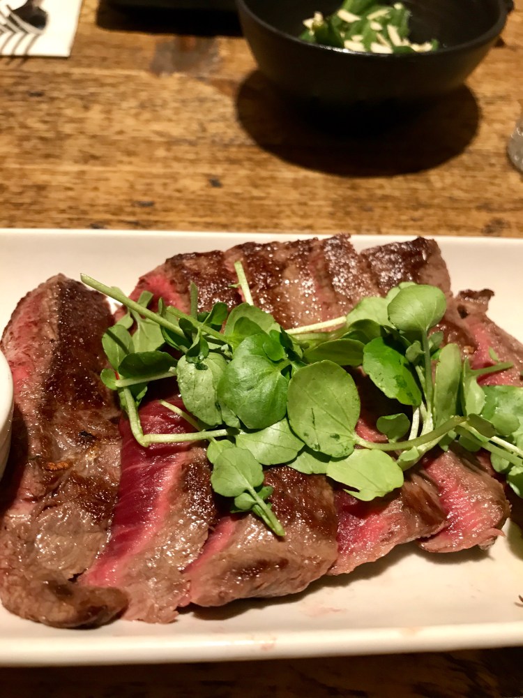 British flat iron steak, mojo verde sauce