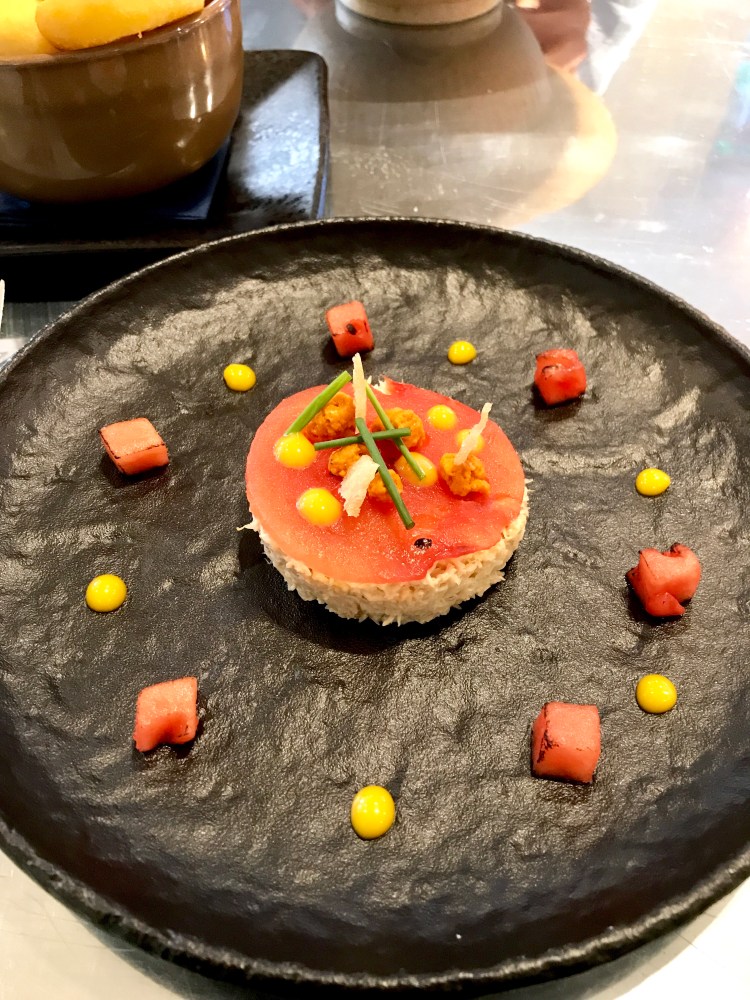 Dressed Dorset Crab meat, brown crab mousse, watermelon, confit yolk