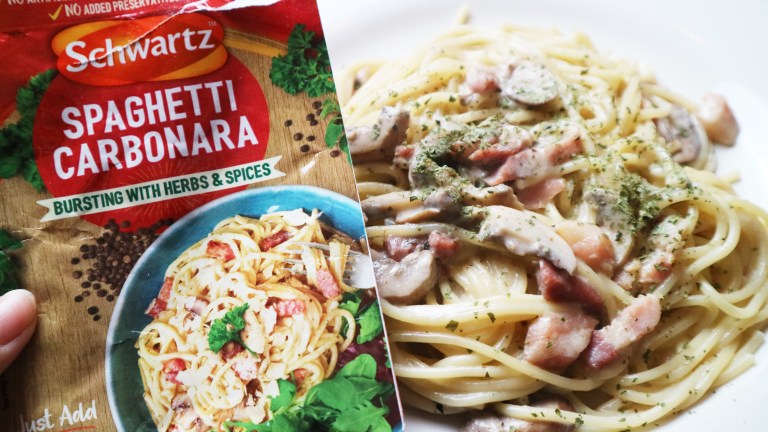 Showing the spaghetti carabonara packet with the dish in the background