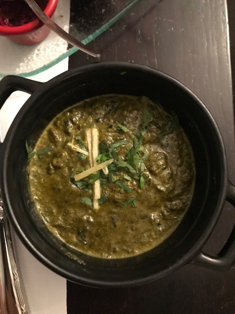 Looking down at the baby spinach curry